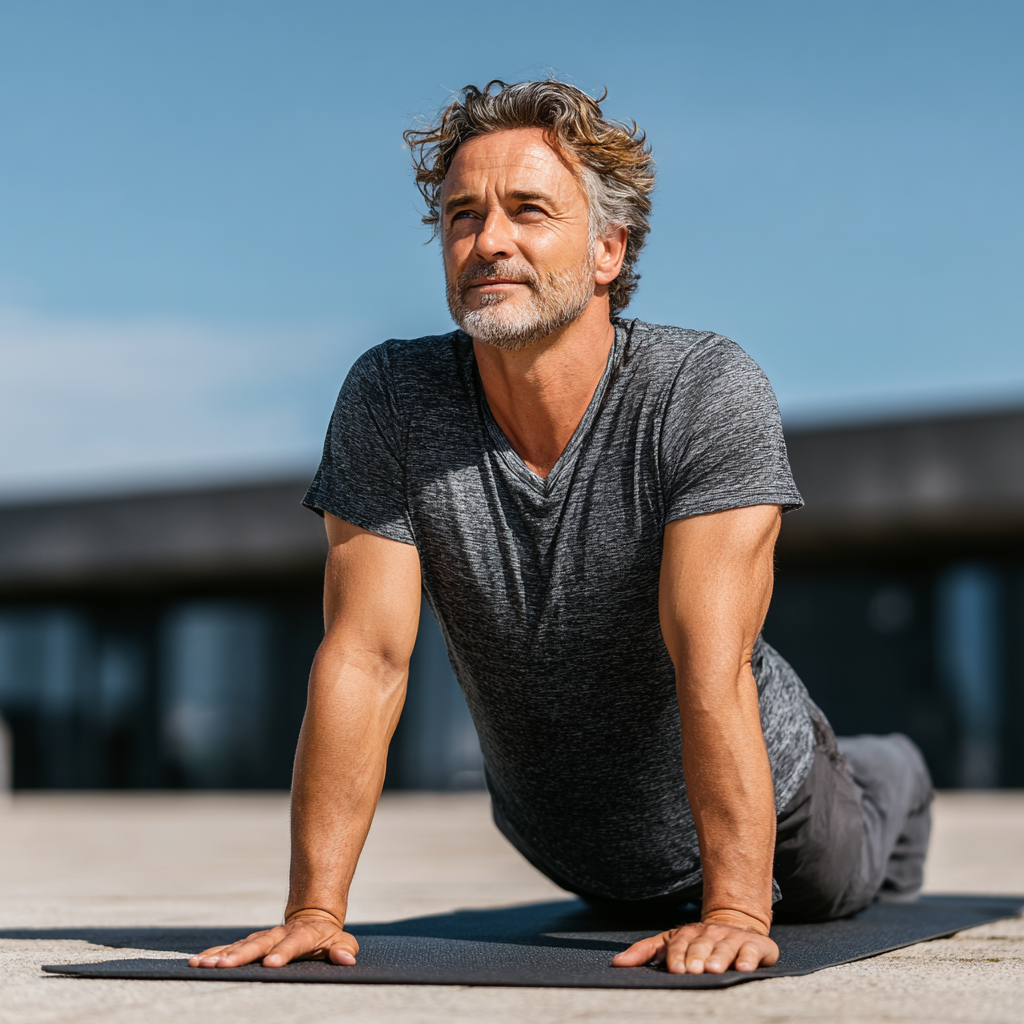 Healthy middle-aged man in his early 50s performing a stretching exercise on a yoga mat outdoors, demonstrating flexibility and wellness commitment in natural lighting